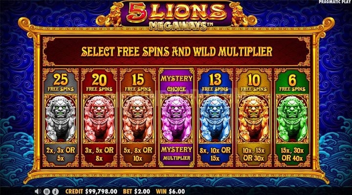 Pantalla de giros gratis de 5 Lions Megaways